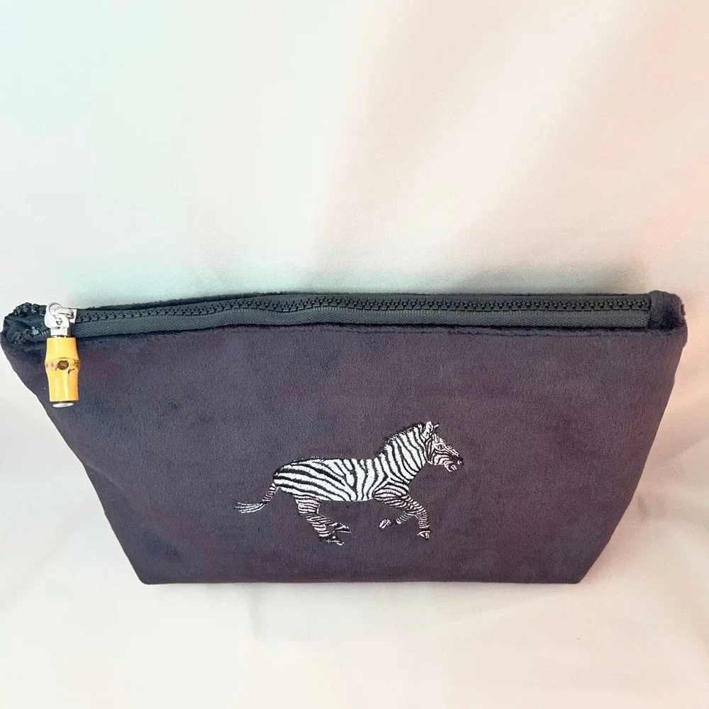 TRVL Design Black Velvet Zebra Embroidered Cosmetic Bag Bamboo Zipper Pull Pouch